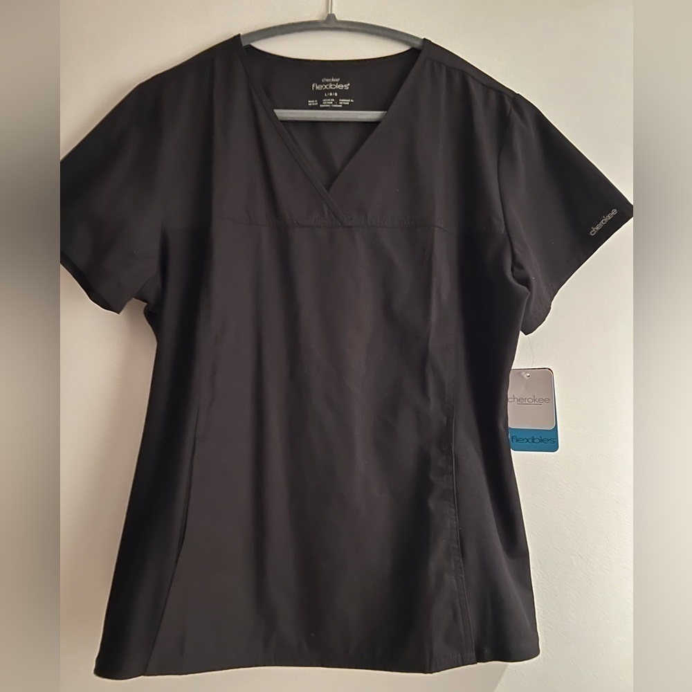 NEW Cherokee Flexibles V-Neck Scrub Top w/ Knit Panels, Black, Size L - Picture 5 of 8